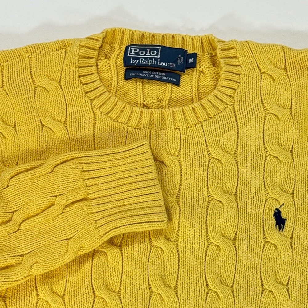 Polo Ralph Lauren Cable Knit Sweater Womens M Yellow Preppy Old Money Aesthetic - Picture 2 of 8